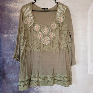 Suzanne Betro Olive Green and Peace Lace Blouse Size 1X